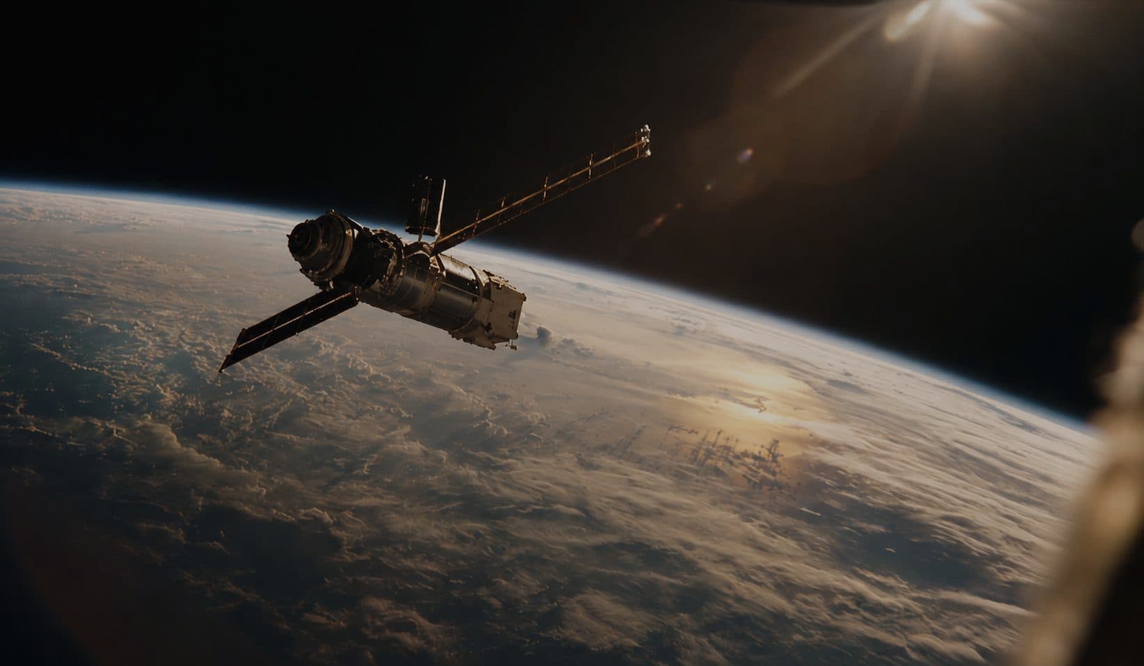 A spacecraft in low orbit above a cloud-covered Earth, backlit by the sun rising past the limb.