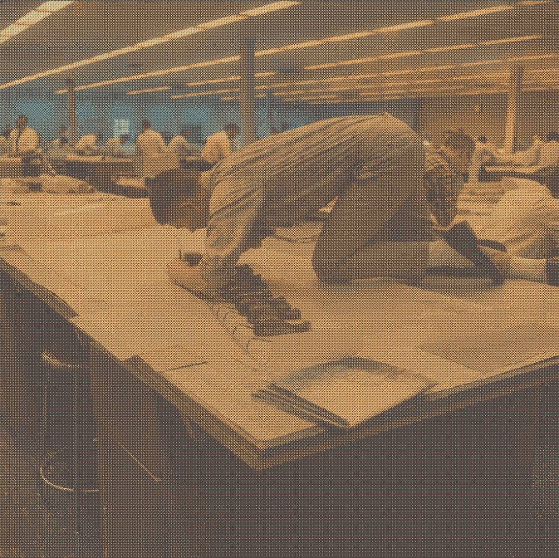 A drafter's hand working over a board, as a dithered print.