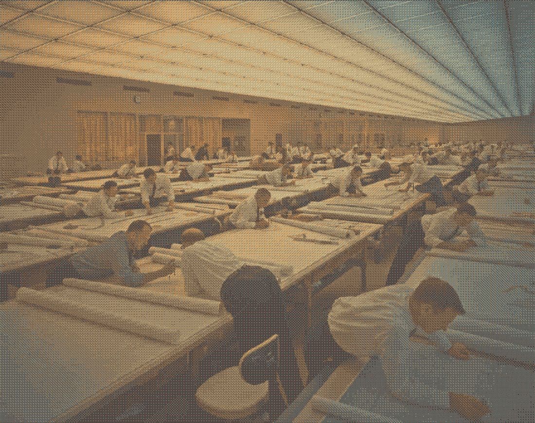 A hall of drafters at manual drawing boards, as a dithered print.