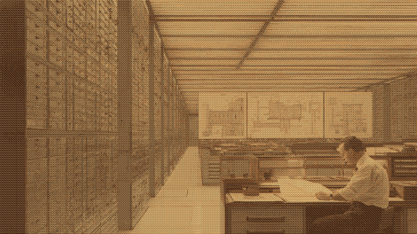 A wall of filed drawings in a records room, as a dithered print.