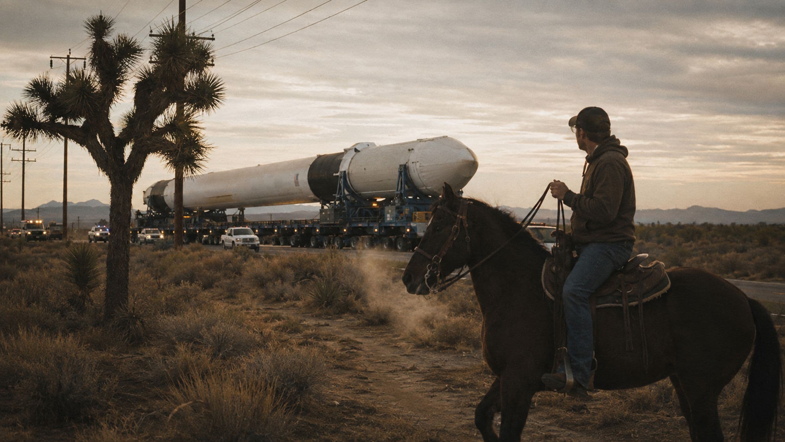 A rider on horseback at dusk beside a desert highway, watching a rocket booster go past on a multi-axle transporter with an escort of vehicles.