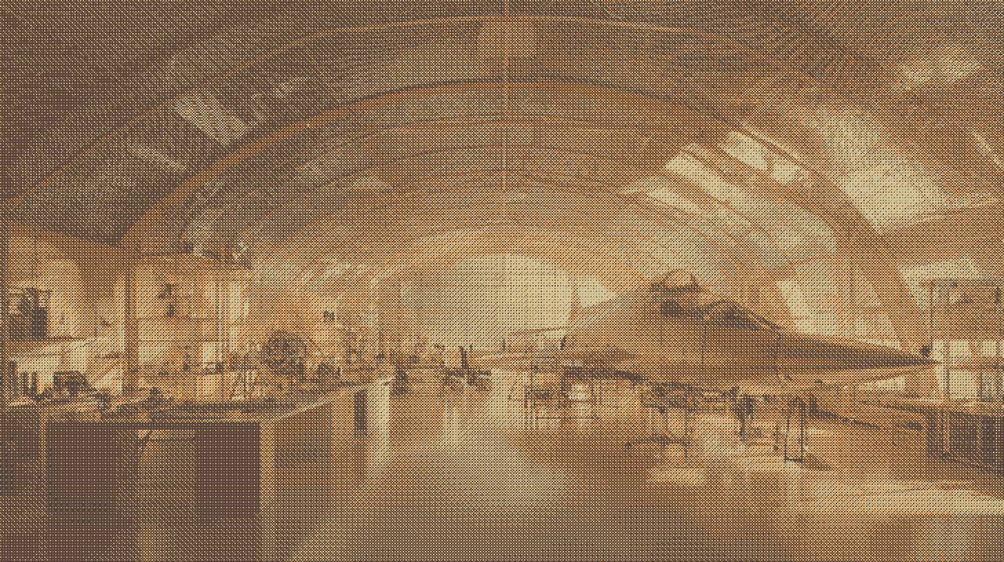 A vast, softly lit prototype workshop, as a dithered print.