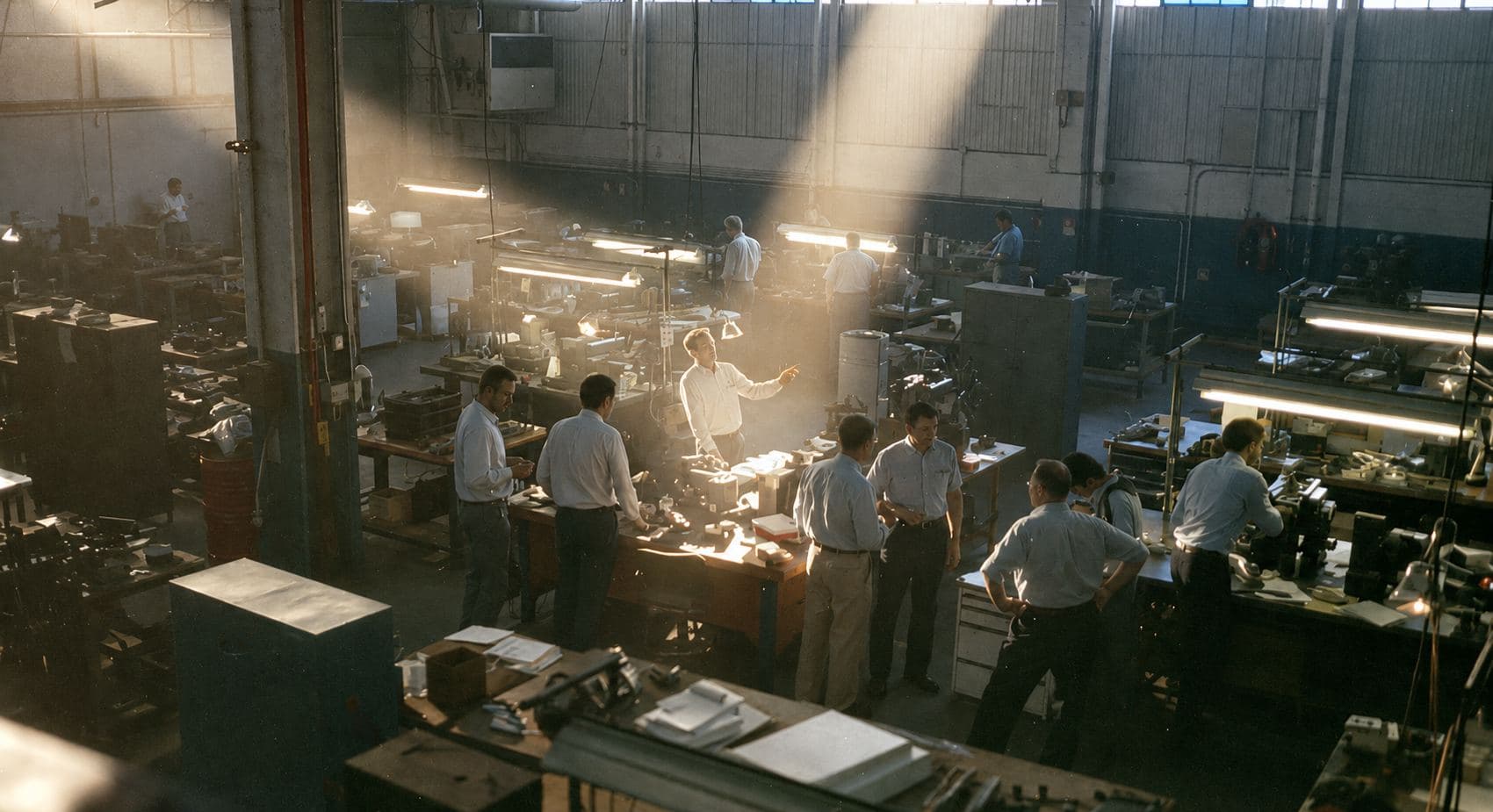 A factory floor cut by shafts of window light, engineers gathered around a workbench among machines.