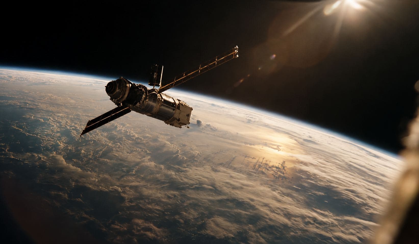 A spacecraft over Earth at dawn, sunlight flaring across the horizon and the cloud deck below.