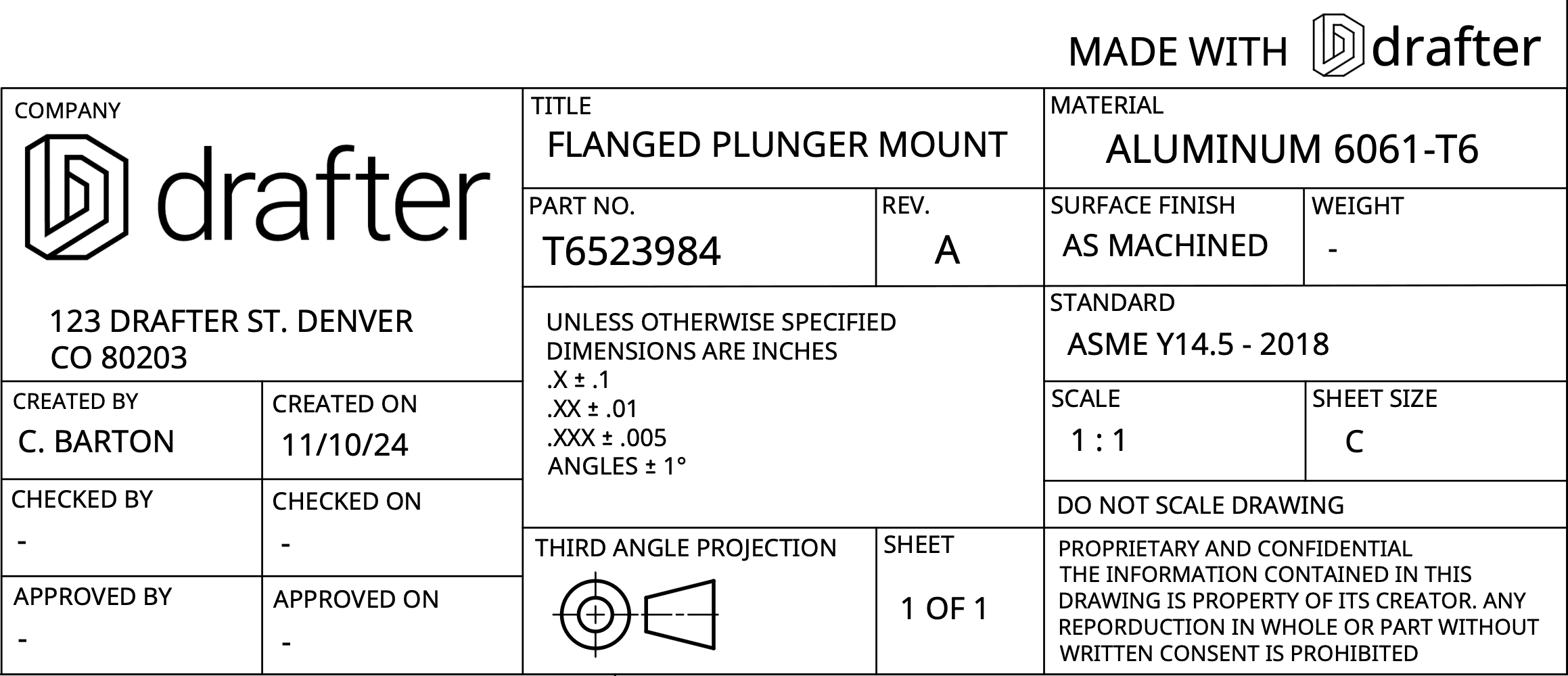 The title block of a drawing for a flanged plunger mount: aluminium 6061-T6, part number T6523984, revision A, drawn to ASME Y14.5-2018 at 1 to 1 on a C size sheet, with the default tolerances listed beside it.