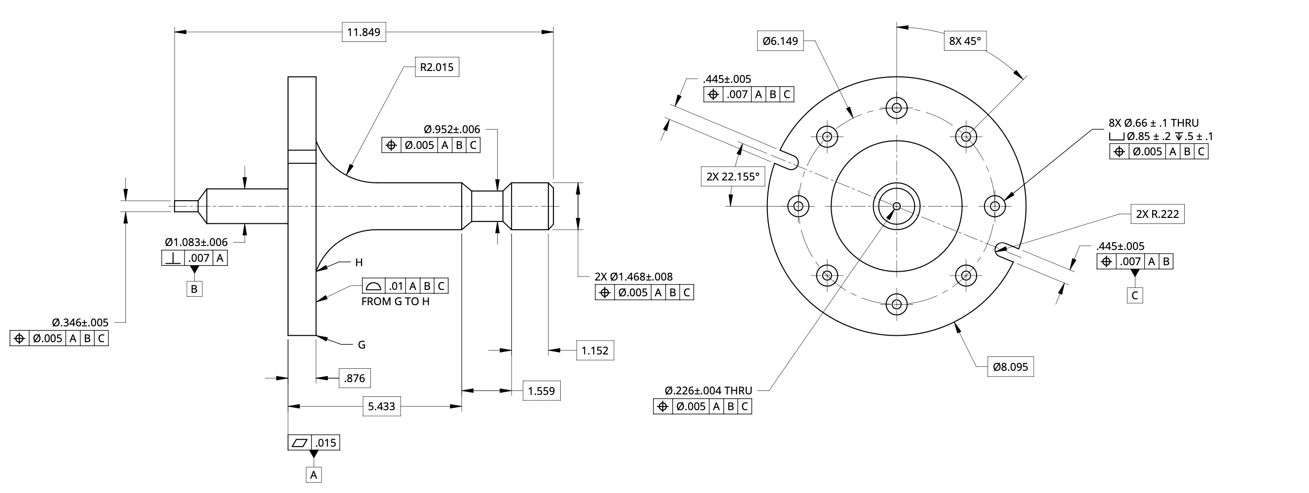 Side and front views of the flanged plunger mount, dimensioned to an overall length of 11.849 and a flange diameter of 8.095, with position and profile tolerances called out across the shaft and the eight bolt holes.