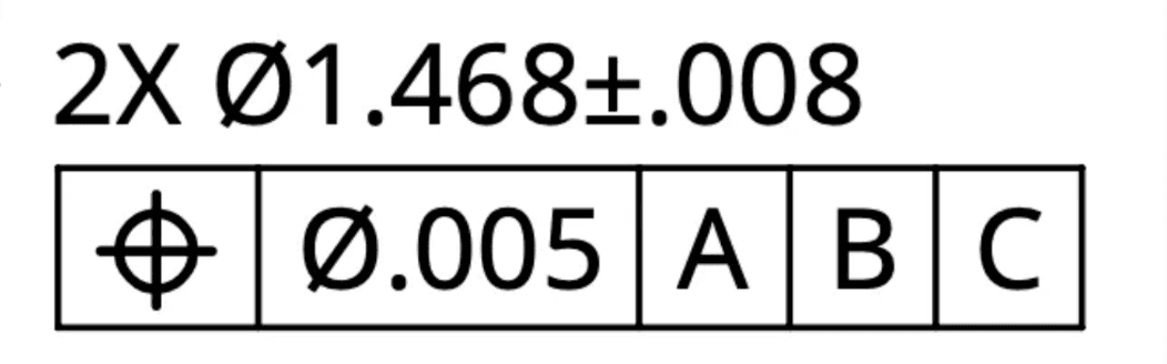 A callout for two features of Ø1.468 plus or minus .008, controlled by a position tolerance of Ø.005 to datums A, B and C.