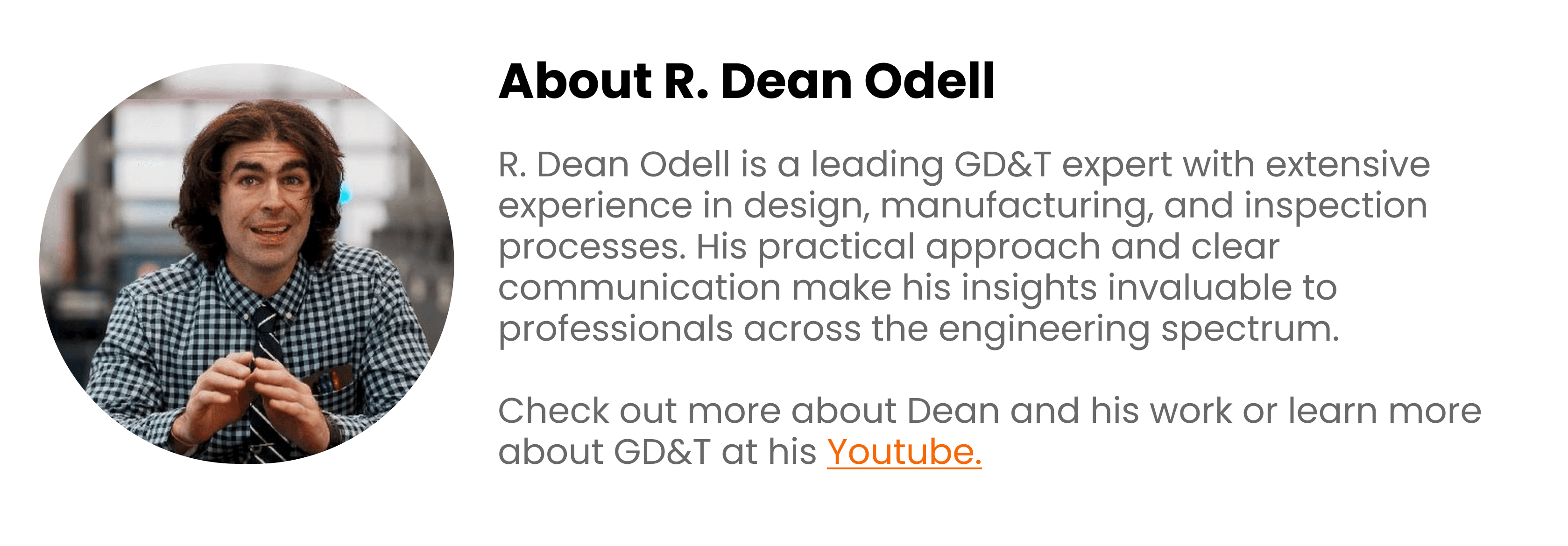 A photograph of R. Dean Odell speaking in a machine shop, beside a short biography describing his GD&T experience across design, manufacturing and inspection and linking to his YouTube channel.