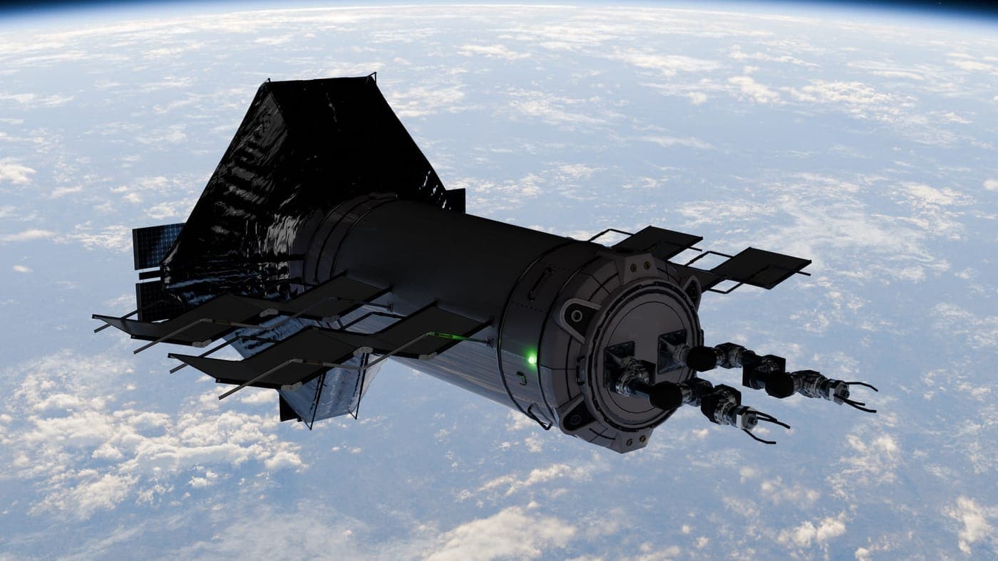 A render of Spaceium's orbital servicing spacecraft, solar arrays extended and docking arms forward, in low orbit above the Earth.