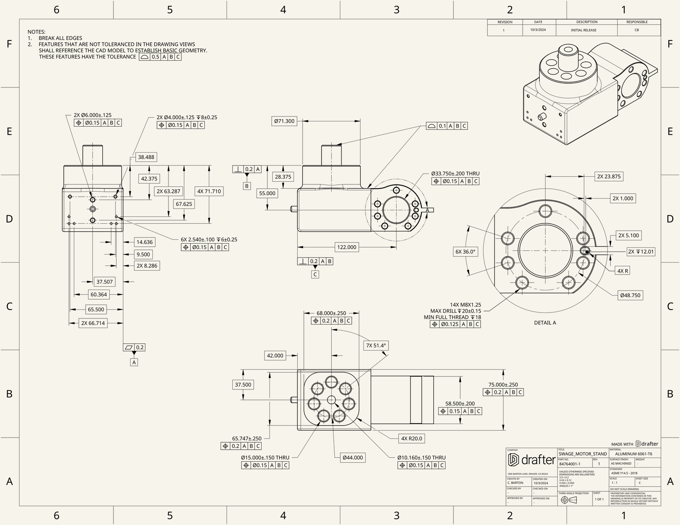 A Drafter-drawn Swage Motor Stand sheet under review, with numbered finding pins on the drawing.
