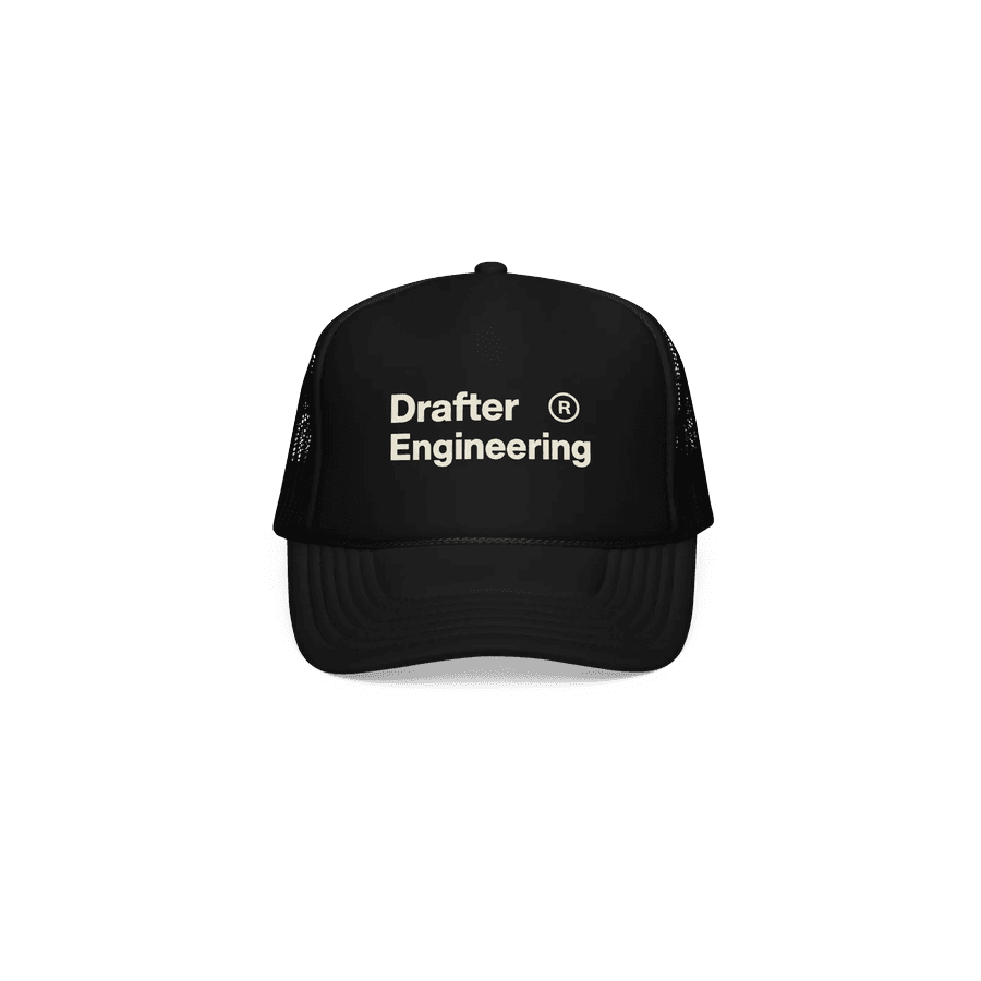 A black trucker cap embroidered Drafter Engineering.