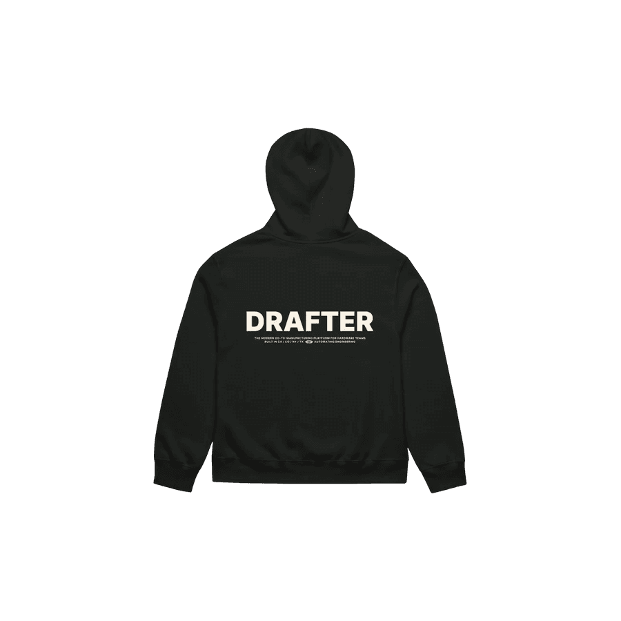 The back of a black hoodie printed with DRAFTER in large letters over a line of fine print.