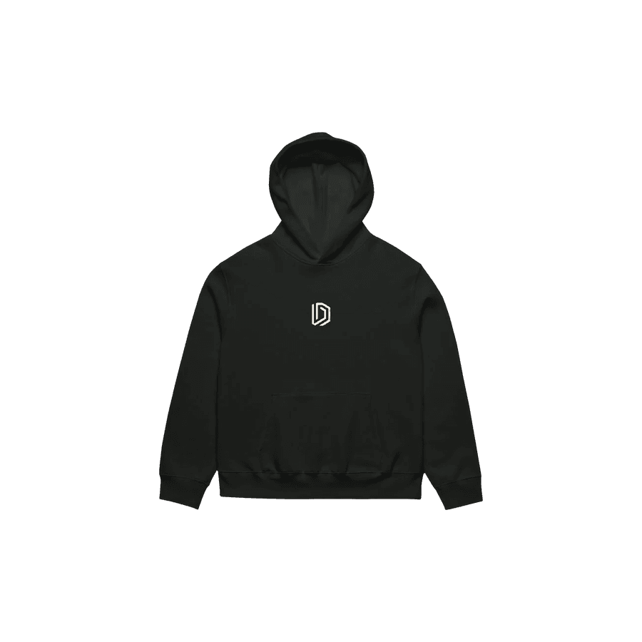 The front of the same black hoodie with a small Drafter D mark at the chest.