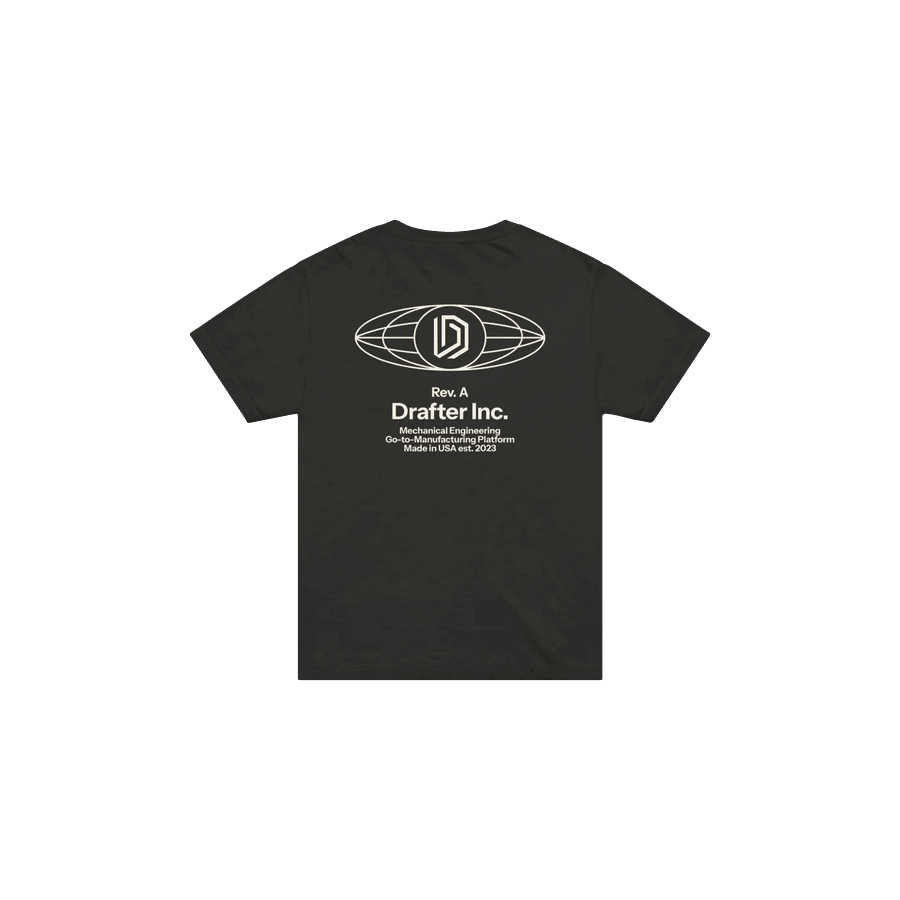 The back of a black tee printed with an orbital Drafter mark over the lines Rev. A, Drafter Inc., mechanical engineering, made in USA.
