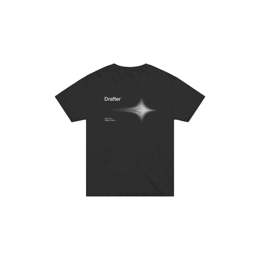 The back of a black tee printed with the Drafter wordmark beside a four-pointed halftone burst.