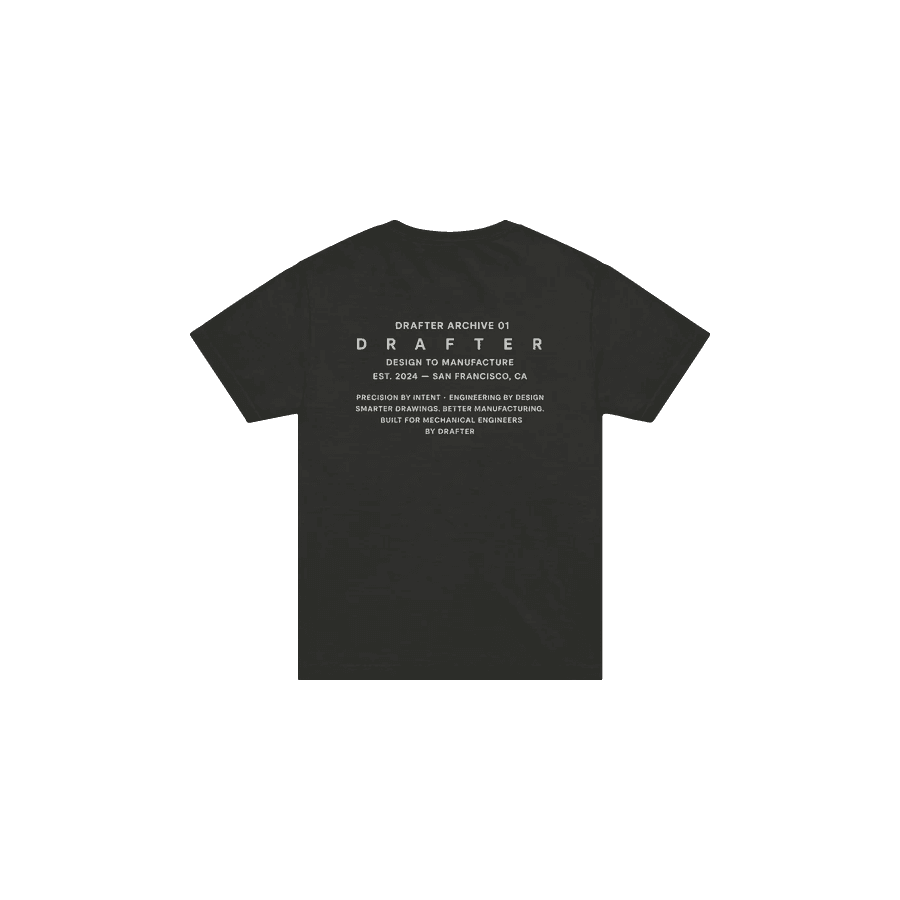 The back of a black tee printed with a type specimen reading Drafter Archive 01, design to manufacture, est. 2024, San Francisco.