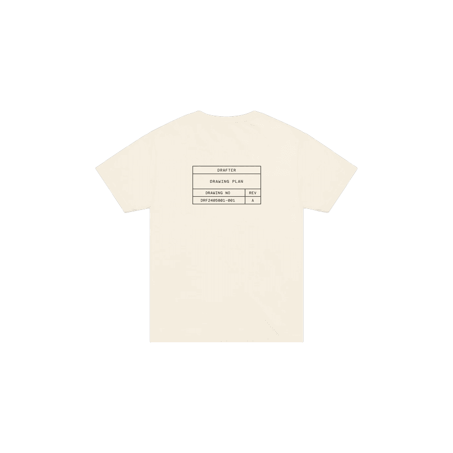 The back of a natural cotton tee printed with a drawing title block: drawing plan, drawing number, revision.