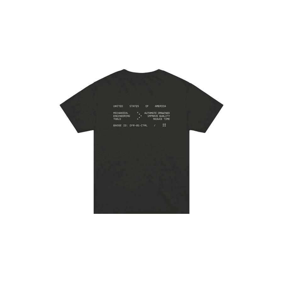 The back of a black tee printed with a badge card reading United States of America, mechanical engineering tools, badge ID DFR-01-CTRL.