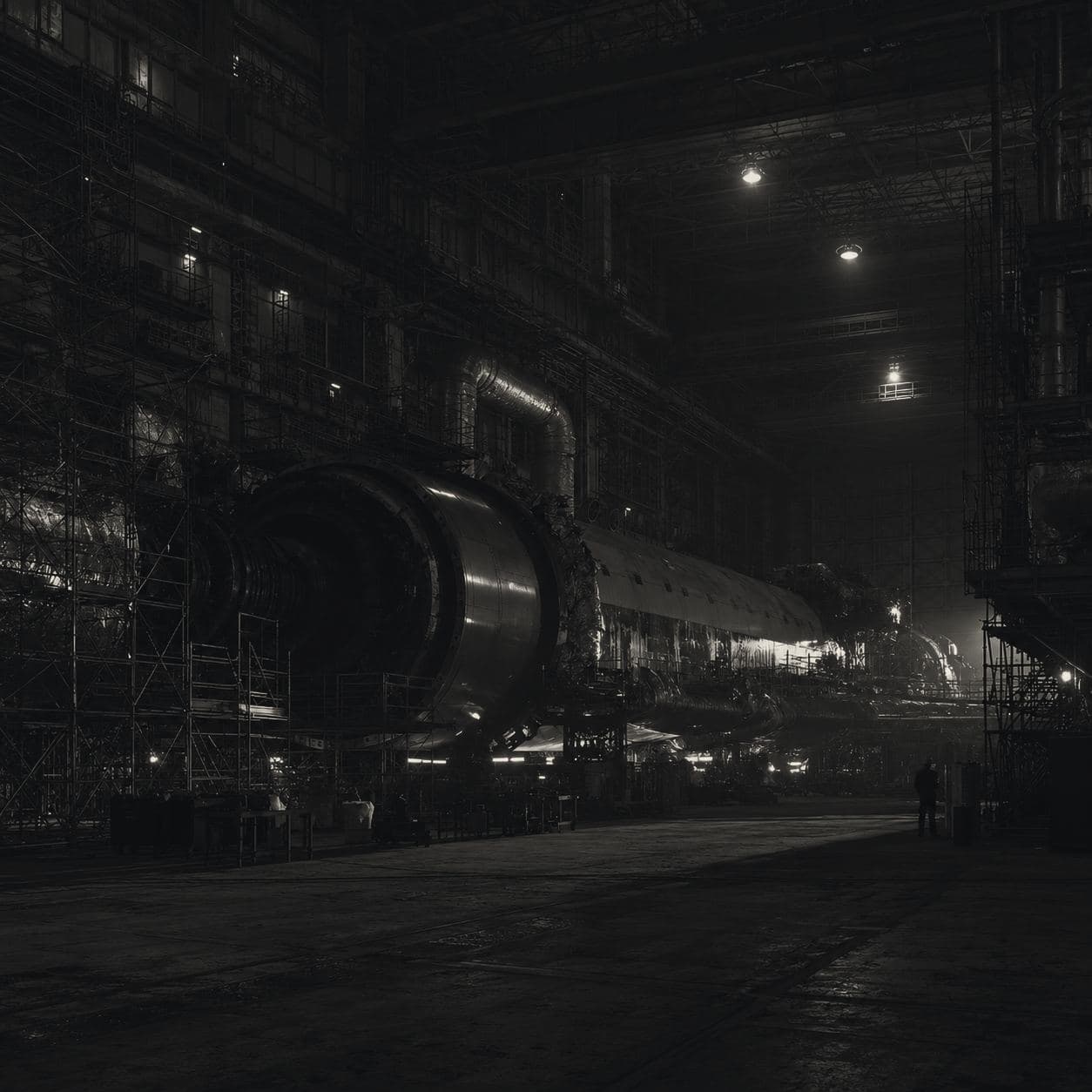 A launch vehicle lying on its side in a darkened assembly hall, wrapped in scaffolding, with a single figure standing at the far right.