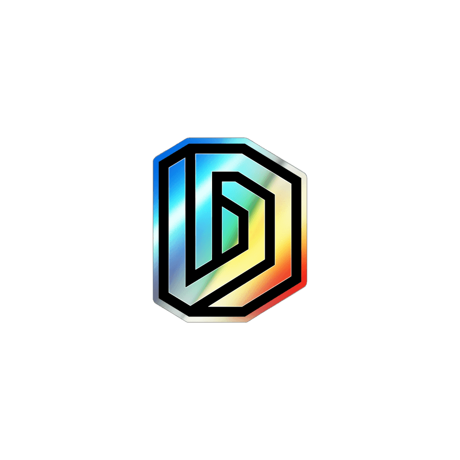 A holographic die-cut sticker of the Drafter D mark, catching rainbow light.