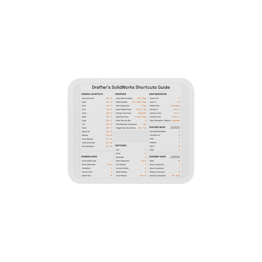 A light mouse pad printed with Drafter's SolidWorks keyboard shortcuts guide.